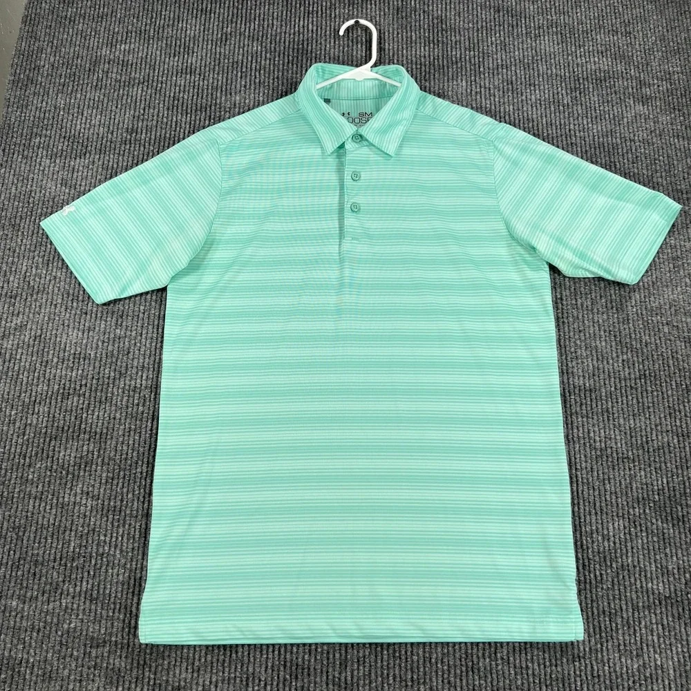 Under Armour Polo Shirt Mens Small Green Striped Short Sleeve Loose Fit Heat